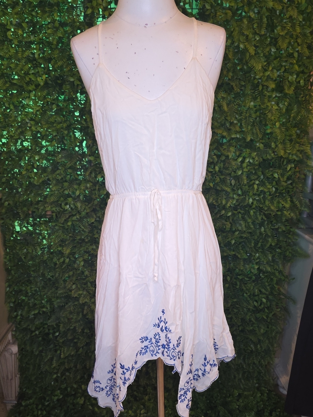 Sequin Hearts Cream Asymmetrical Dress with Blue Floral Trim